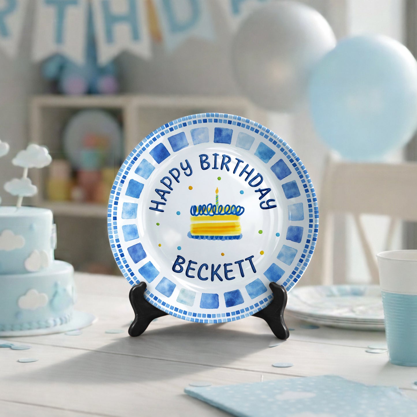 Blue Tile Border Cake Personalized Birthday Plate P228QZD0