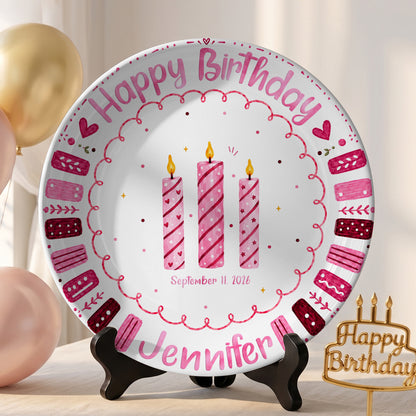 Pink Candle Border with Three Birthday Candles Personalized Birthday Plate P626WXMTT