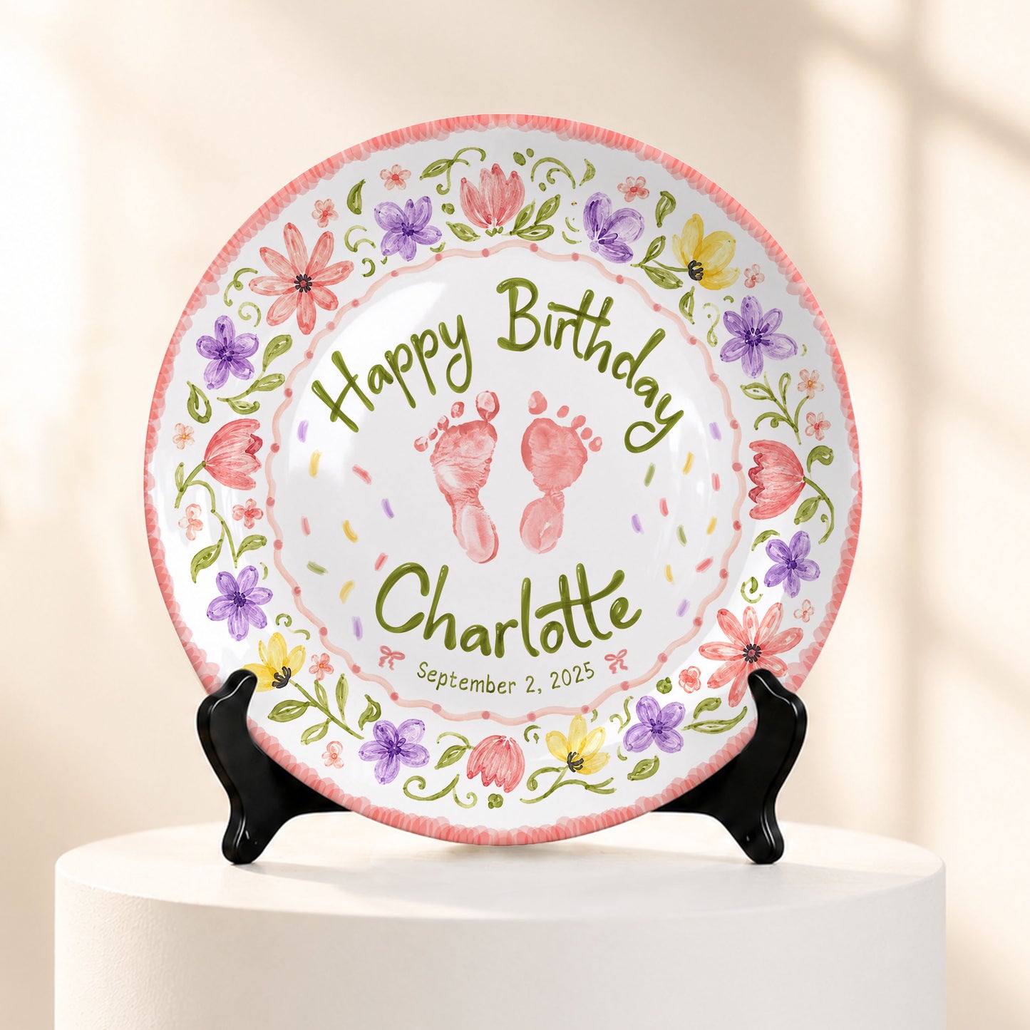 Floral Baby Footprint Personalized Birthday Plate for Girl, First Birthday Keepsake P727CV20