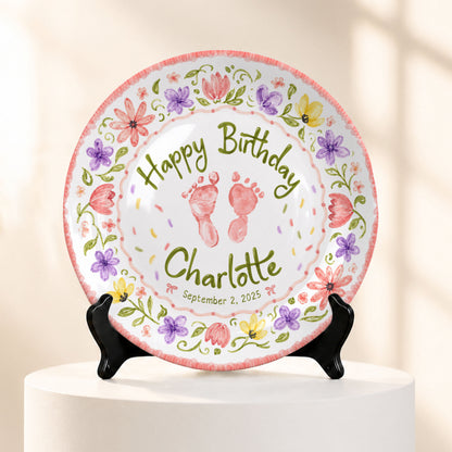 Floral Baby Footprint Personalized Birthday Plate for Girl, First Birthday Keepsake P727CV20
