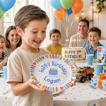 Blue Cake and Colorful Confetti Personalized Birthday Plate P6174GK0