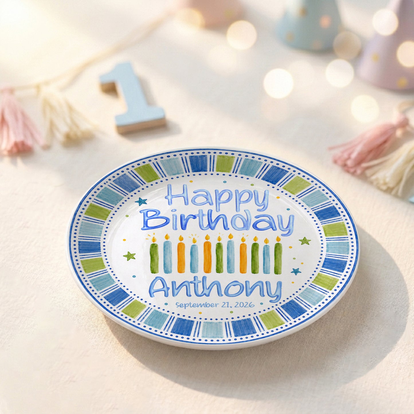 Blue Candle Celebration Personalized Birthday Plate for Kids Ceramic Keepsake Gift P728GIG0