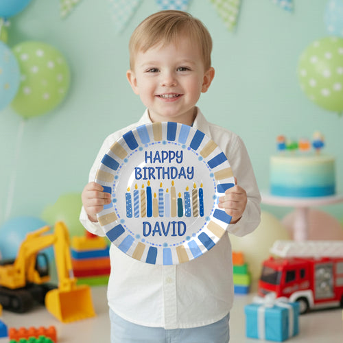 Striped Party Border with Birthday Candles Personalized Birthday Plate D321TUA0