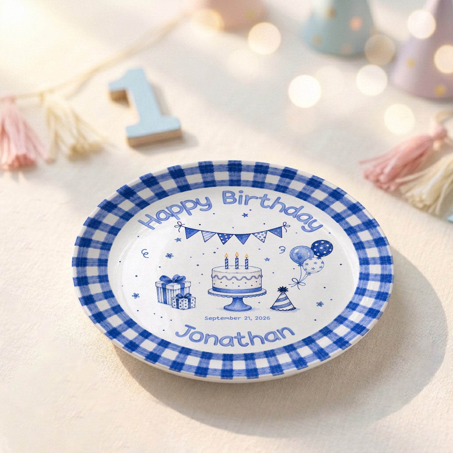 Blue Checkered Personalized Birthday Plate for Kids, Custom Name and Date Ceramic Keepsake P85XBL0