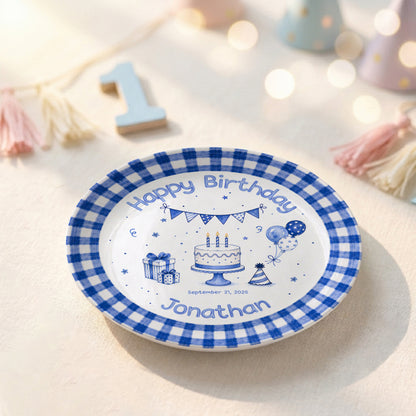 Blue Checkered Personalized Birthday Plate for Kids, Custom Name and Date Ceramic Keepsake P85XBL0