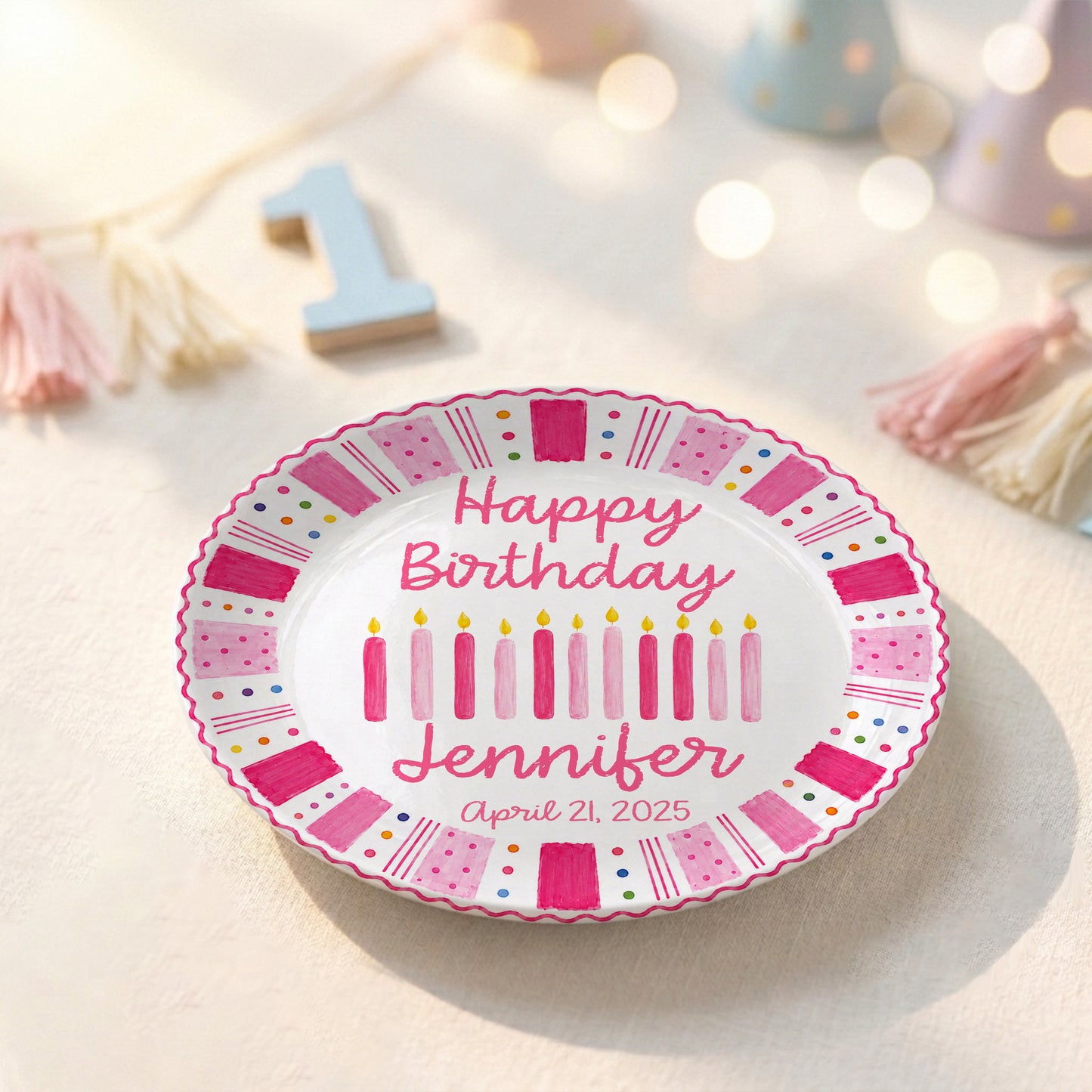 Pink Birthday Candles Personalized Birthday Plate for Kids Ceramic Keepsake Gift P86W4N0