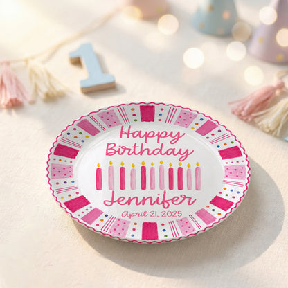Pink Birthday Candles Personalized Birthday Plate for Kids Ceramic Keepsake Gift P86W4N0