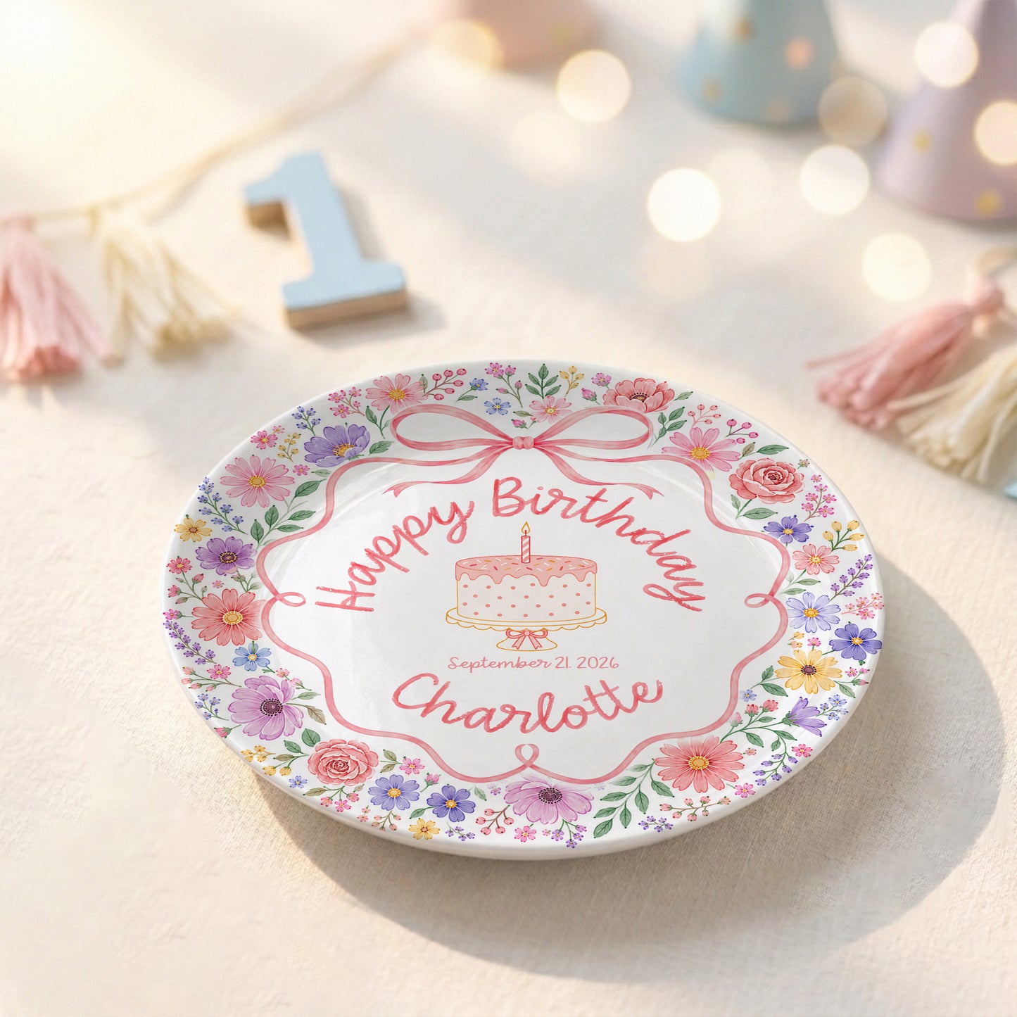 Floral Bow Cake Keepsake Personalized Birthday Plate for Girls P87DHJ0