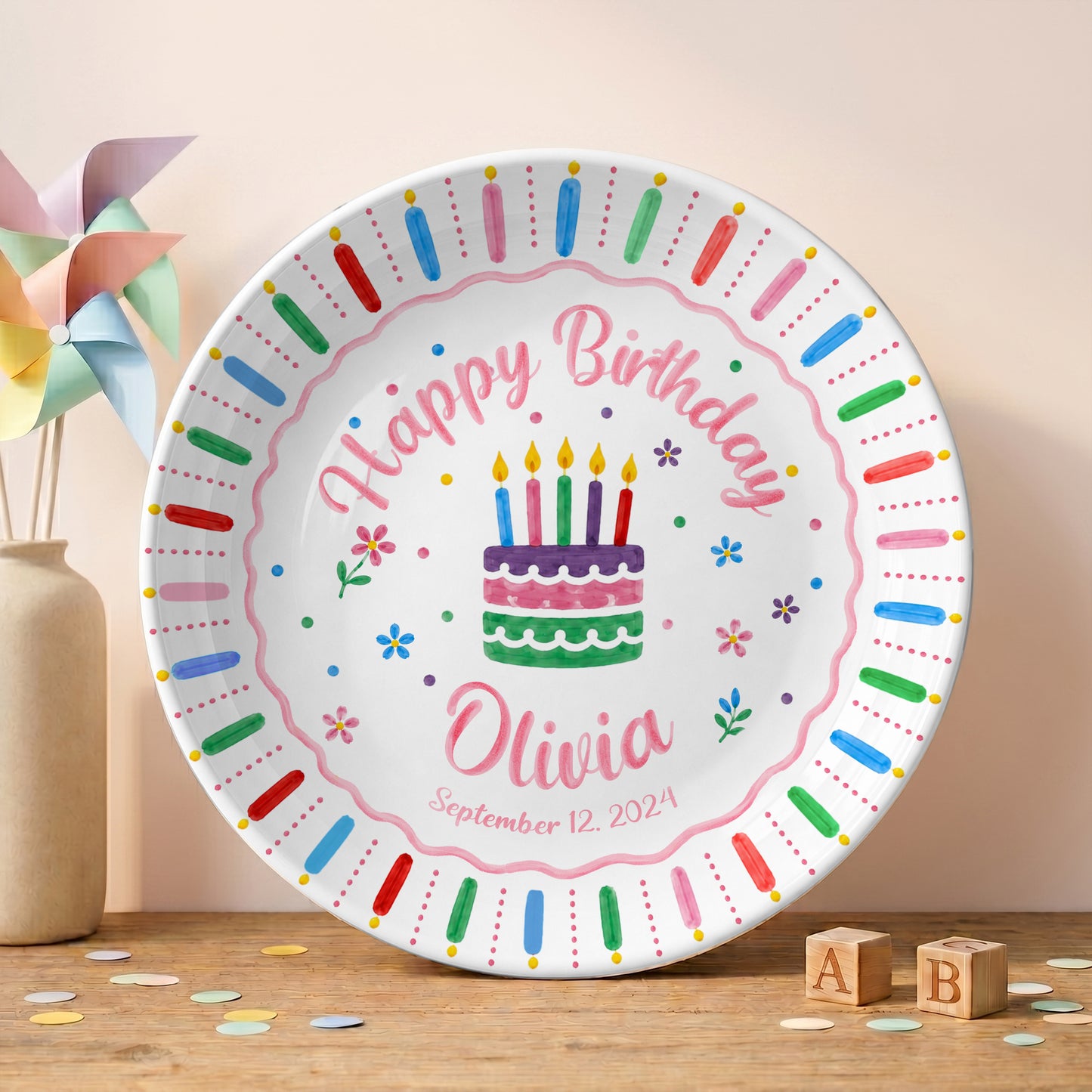 Colorful Birthday Cake Keepsake Personalized Birthday Plate for Kids D6250W50
