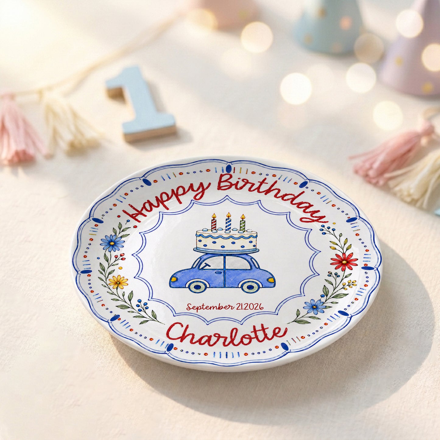 Blue Car Floral Personalized Birthday Plate for Kids Keepsake Gift P8124VP0