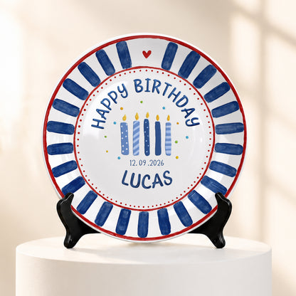 Blue Striped Birthday Candles Personalized Birthday Plate P626KF7TT