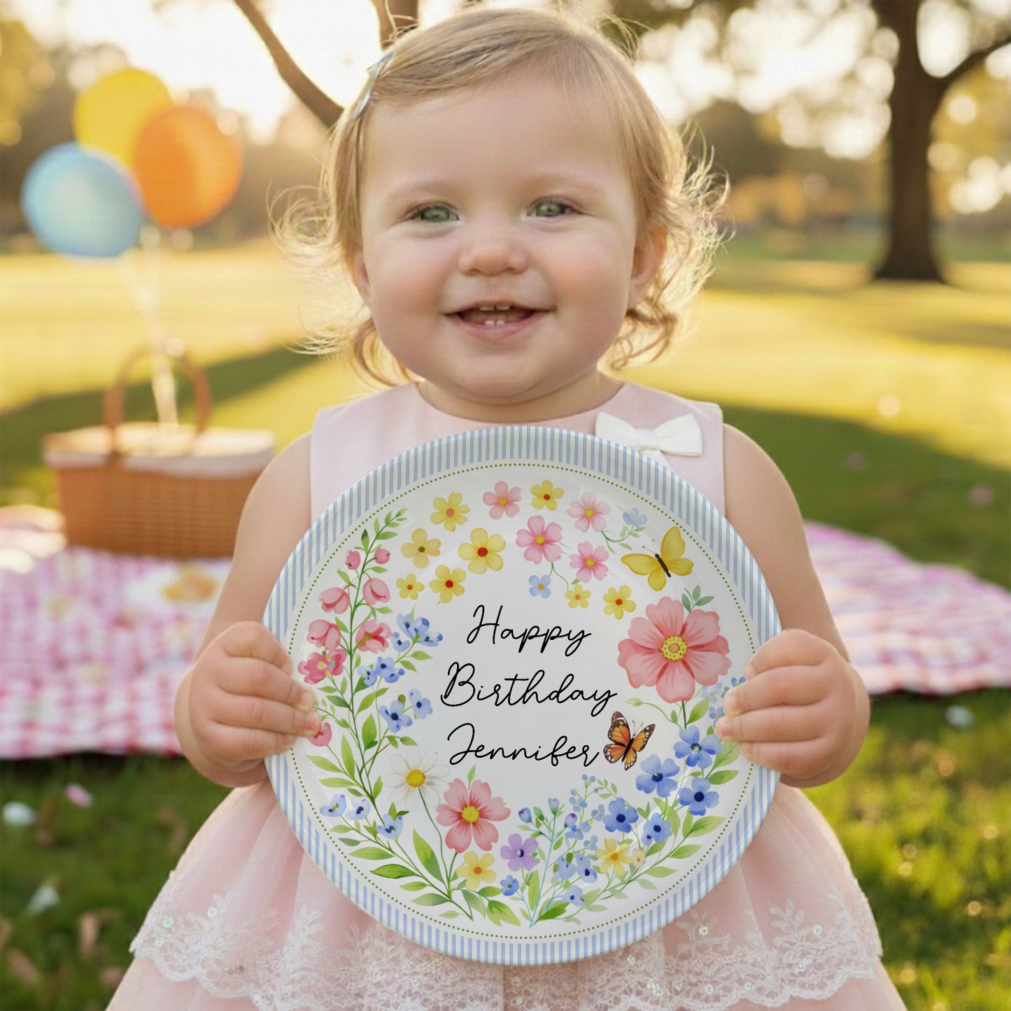 Blue Stripe Wildflower Personalized Birthday Plate P226BYE0