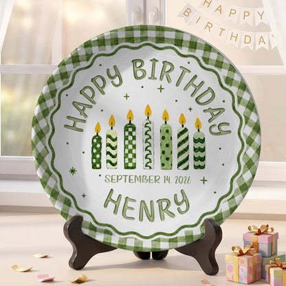 Green Gingham Birthday Candles Keepsake Personalized Birthday Plate for Kids P72333Z0