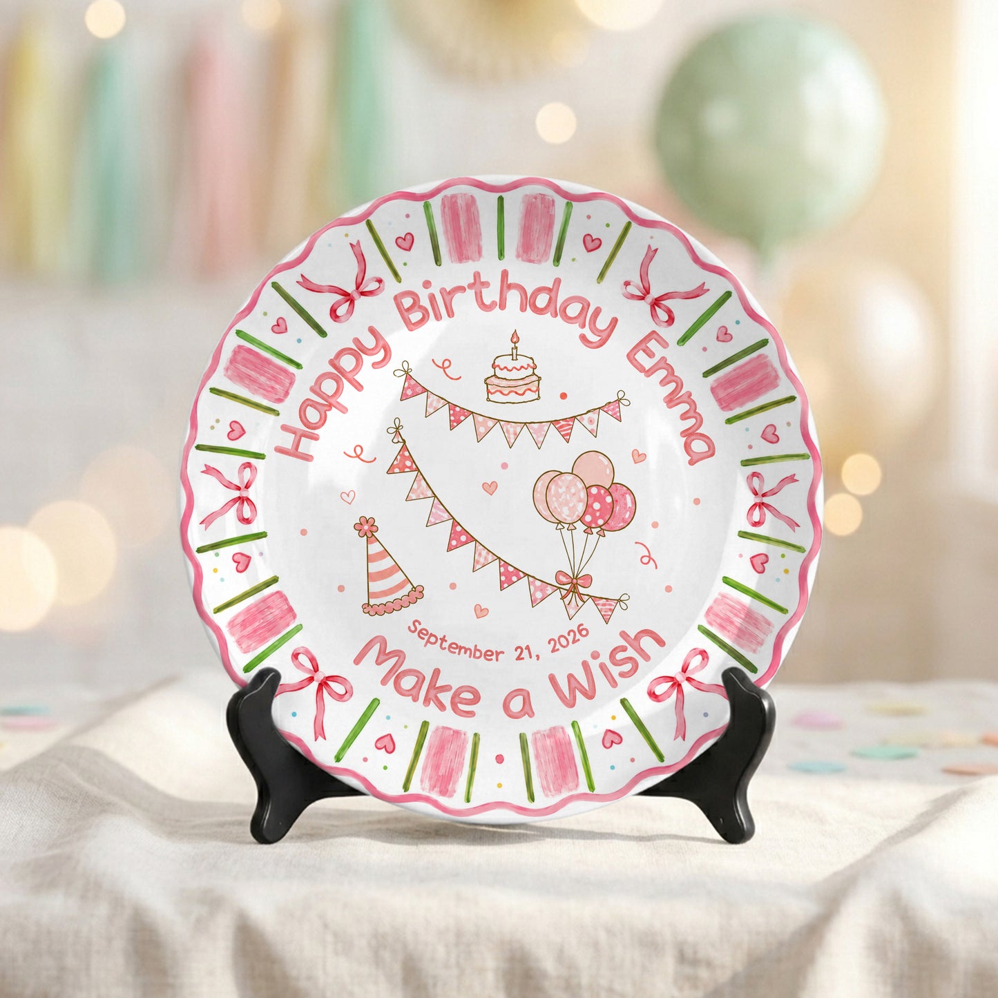 Pink Floral Girl Cake Balloon Make Wish Personalized Birthday Plate P810UCS0