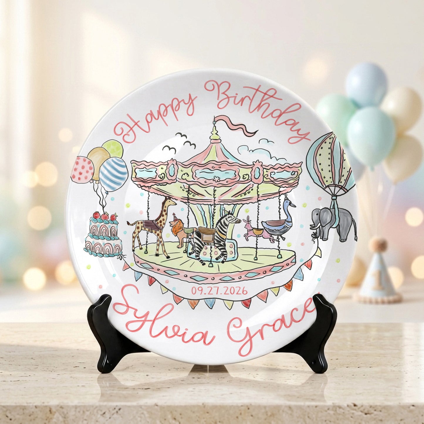 Carousel Animal Personalized Birthday Plate for Kids Custom Ceramic Keepsake P810QSG0