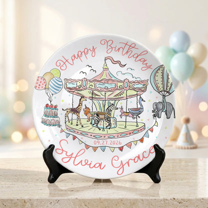 Carousel Animal Personalized Birthday Plate for Kids Custom Ceramic Keepsake P810QSG0
