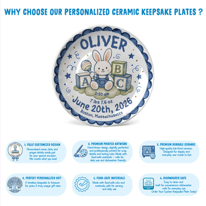 Cute Bunny Birth Stats Keepsake Personalized Birthday Plate for Baby P626ZVPTTa