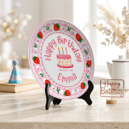 Strawberry Cake Personalized Birthday Plate for Girls, First Birthday Keepsake Gift P730H150