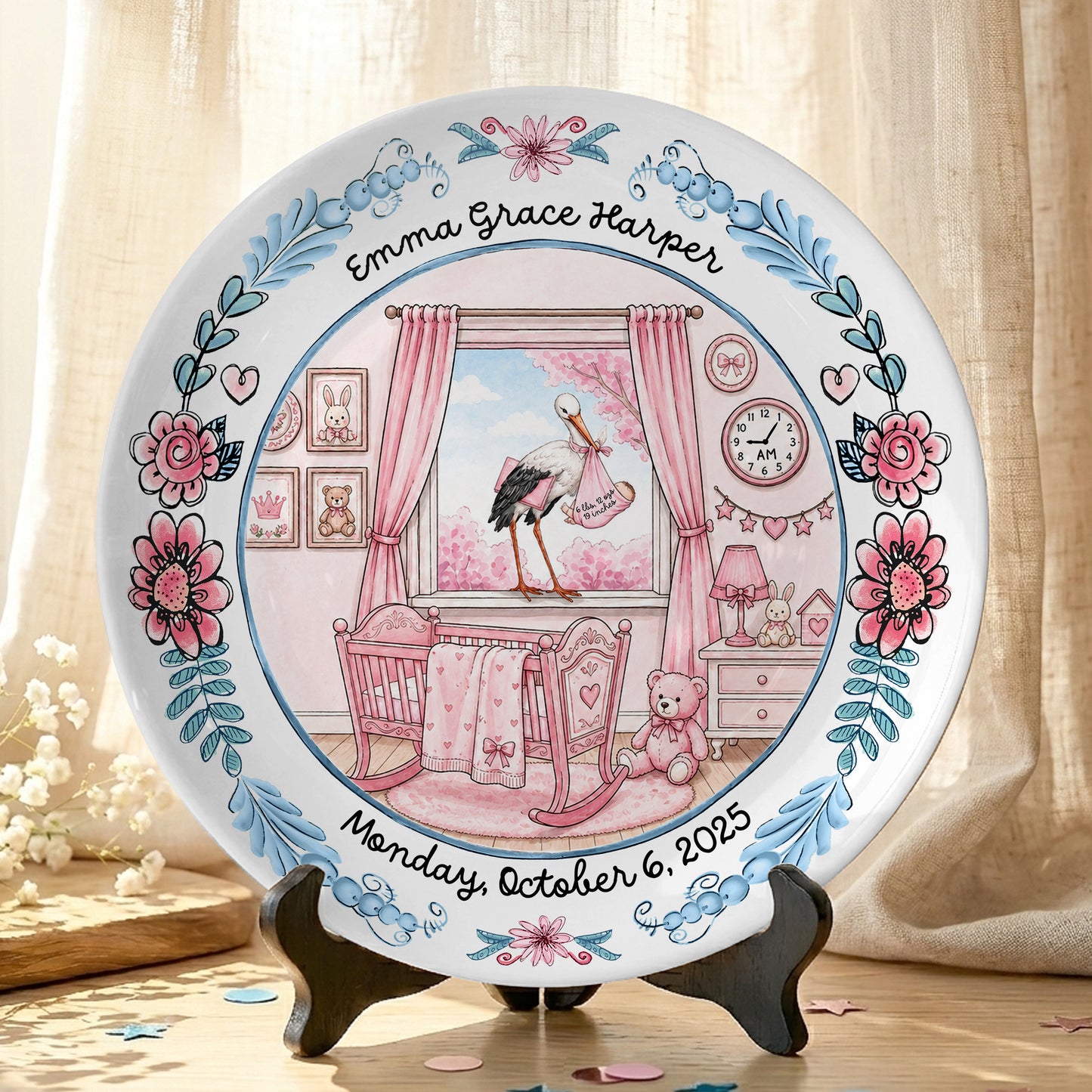 Pink Nursery Room with Stork and Floral Border Personalized Birthday Plate P518MN50