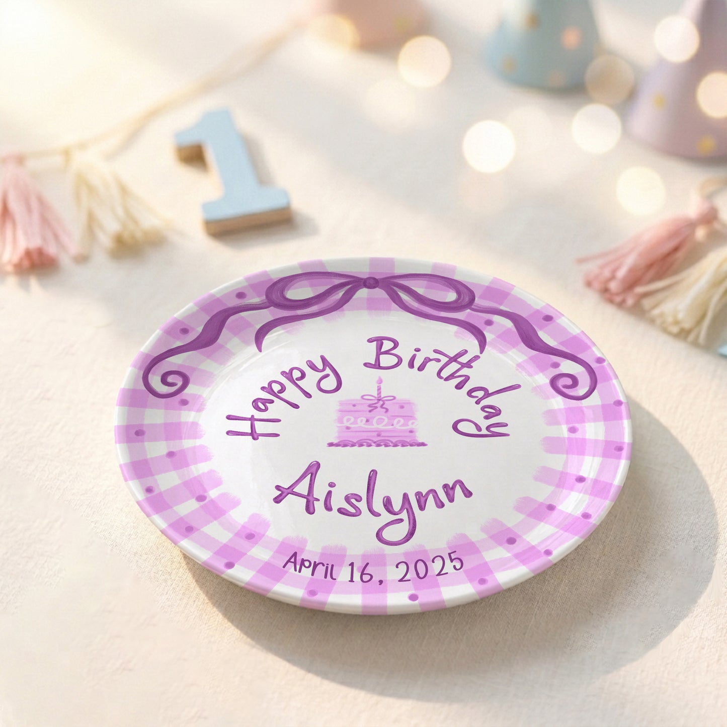 Pink Gingham Bow Personalized Birthday Plate for Kids, Custom Name and Date Ceramic Keepsake P85LHL0