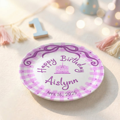 Pink Gingham Bow Personalized Birthday Plate for Kids, Custom Name and Date Ceramic Keepsake P85LHL0