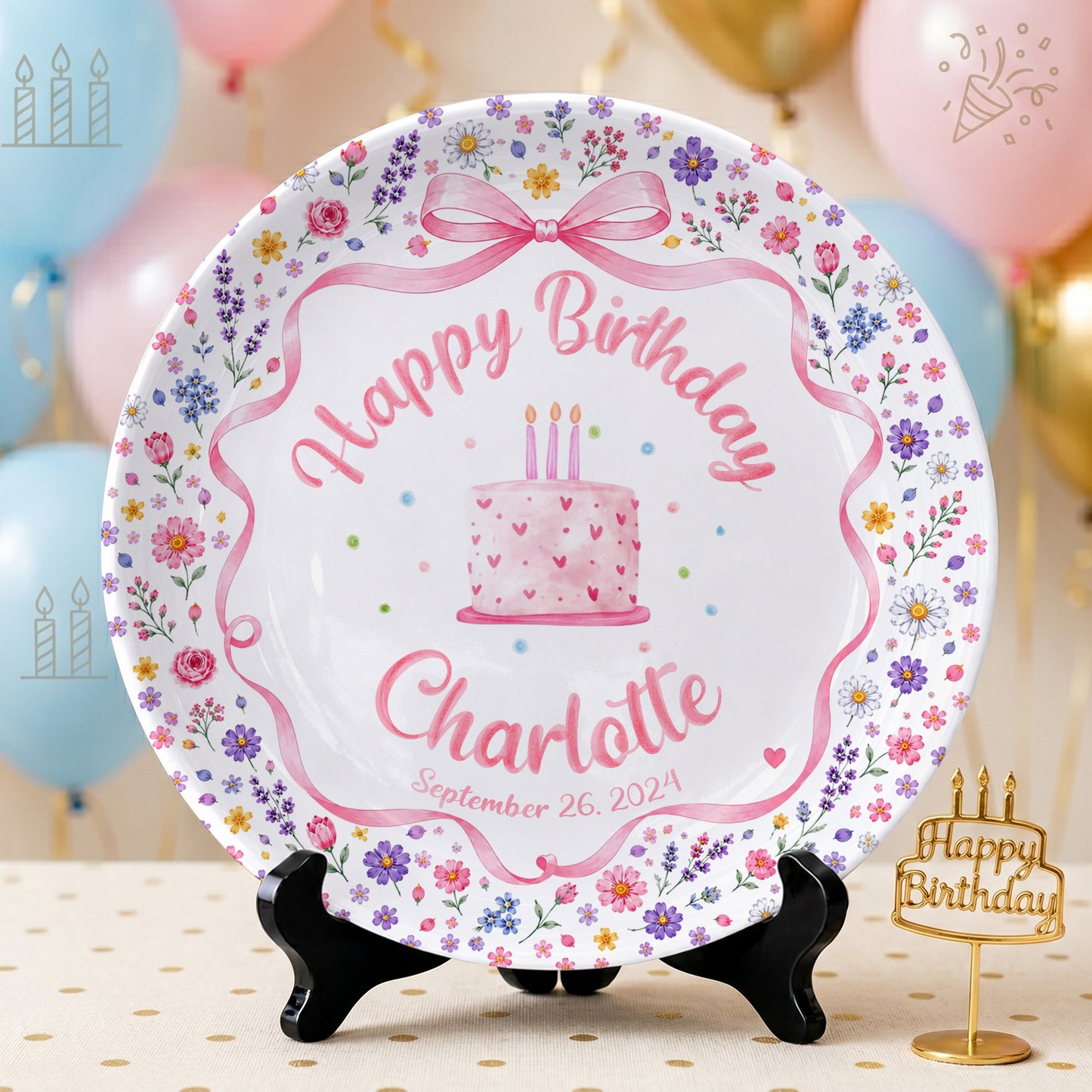 Pink Bow Floral Cake Personalized Birthday Plate P624WCW0