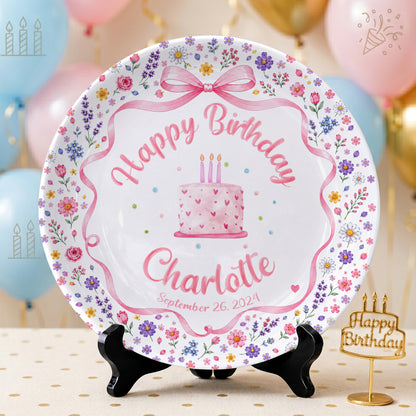 Pink Bow Floral Cake Personalized Birthday Plate P624WCW0