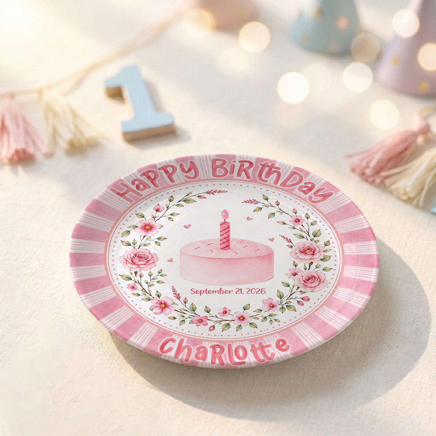 Pink Floral Cake Keepsake Personalized Birthday Plate for Baby Girls P872UD0