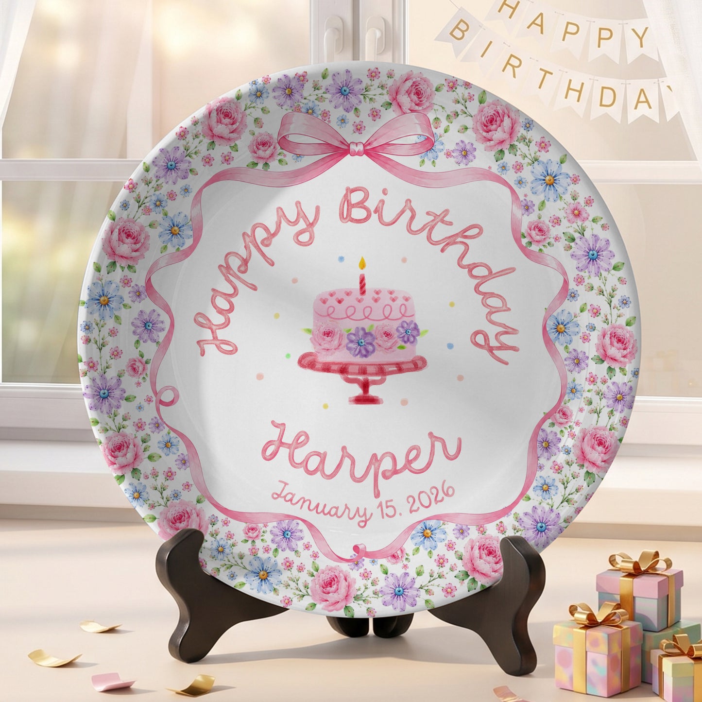 Pink Bow Floral Birthday Keepsake Personalized Birthday Plate D73RDS0