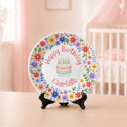 Custom Name Floral Birthday Cake Personalized Birthday Plate for Kids P619KWJ0