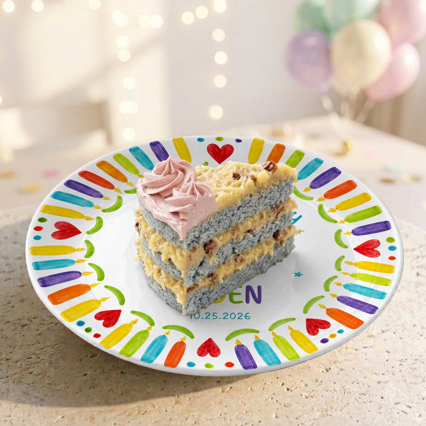 Colorful Candle Kids Birthday Keepsake Custom Name Date Personalized Birthday Plate P8140WR0