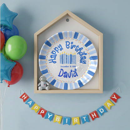 Patterned Blue Candles Personalized Birthday Plate P29SGG0