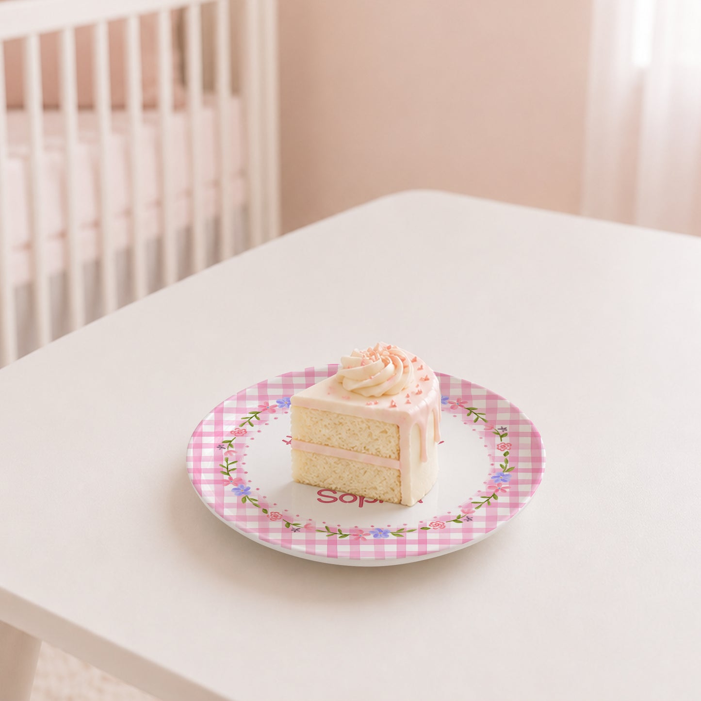 Pink Gingham Floral Personalized Birthday Plate P61O7V0