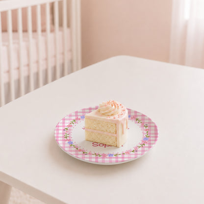 Pink Gingham Floral Personalized Birthday Plate P61O7V0
