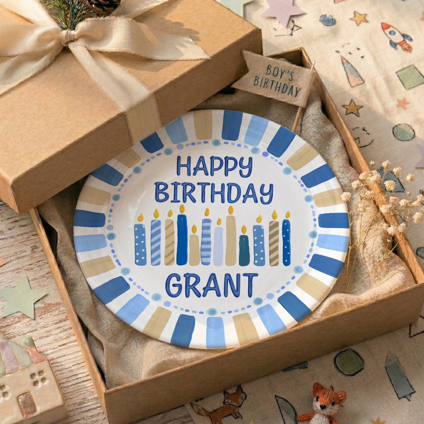 Blue and Tan Striped Border with Birthday Candles Personalized Birthday Plate D49EZG0
