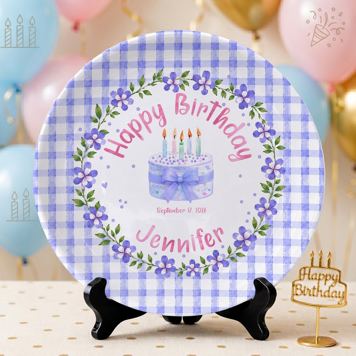 Purple Gingham Border with Floral Wreath Personalized Birthday Plate P624NIV0