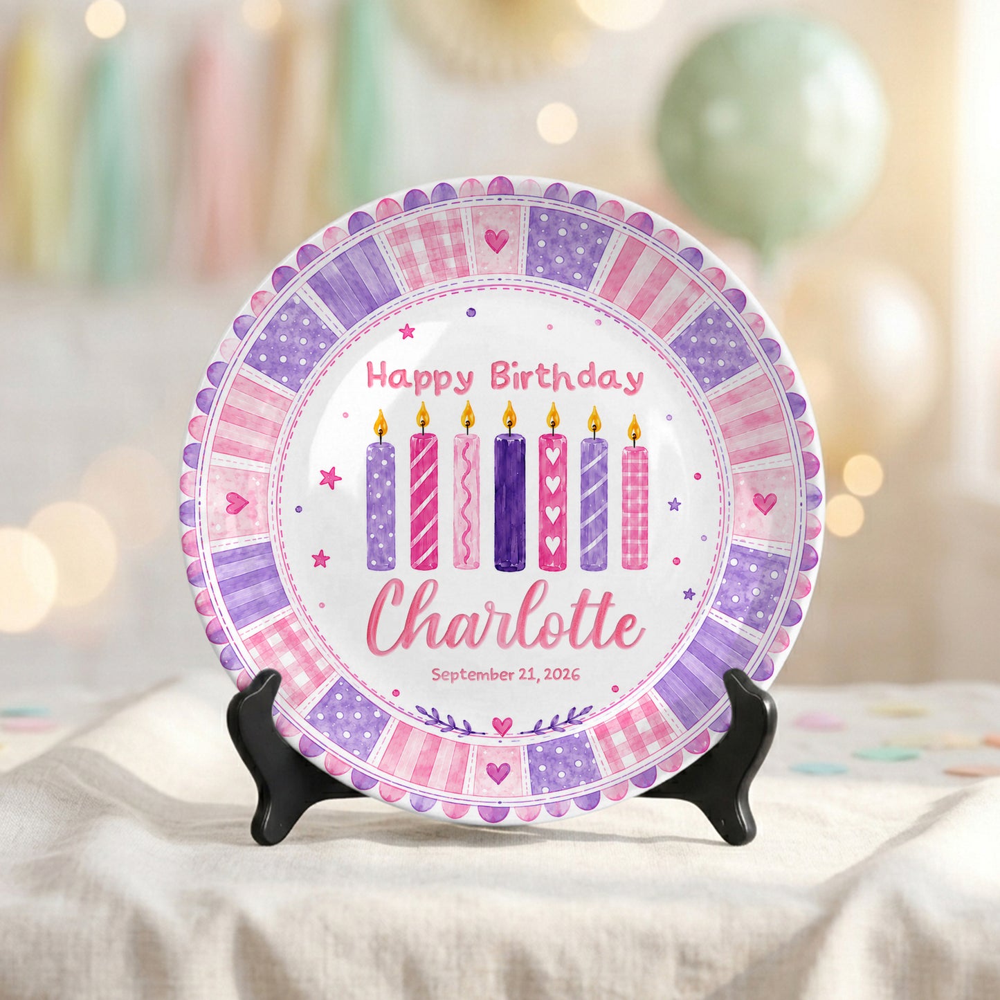 Pink Purple Candle Girl First Birthday Keepsake Personalized Birthday Plate P815CM10