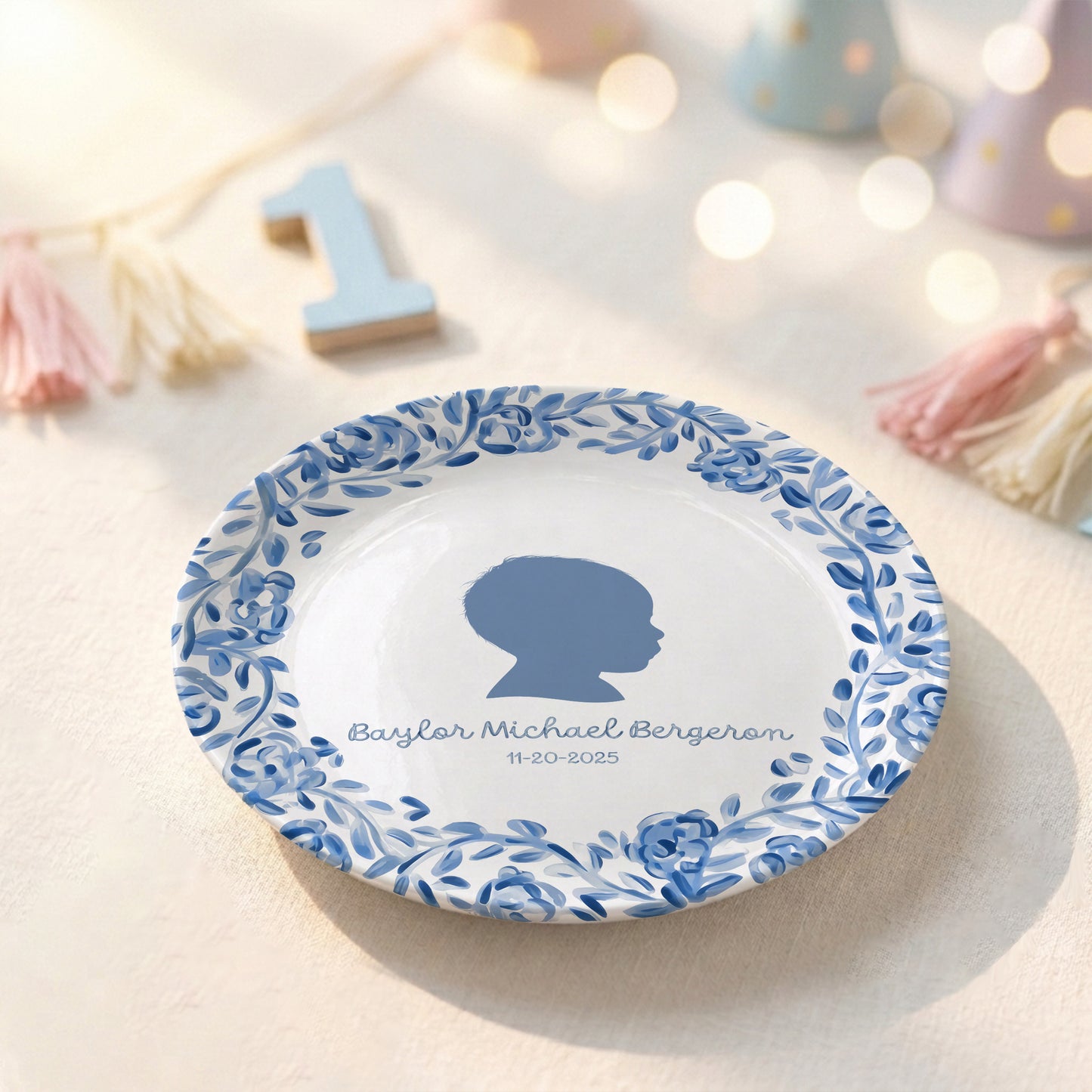 Blue Floral Silhouette Personalized Birthday Plate for Kids, Custom Name and Date Ceramic Keepsake P85LY90