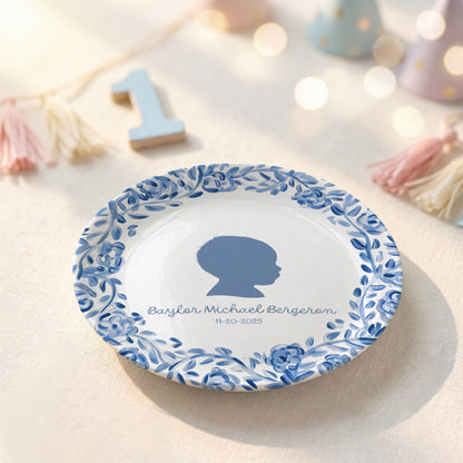 Blue Floral Silhouette Personalized Birthday Plate for Kids, Custom Name and Date Ceramic Keepsake P85LY90