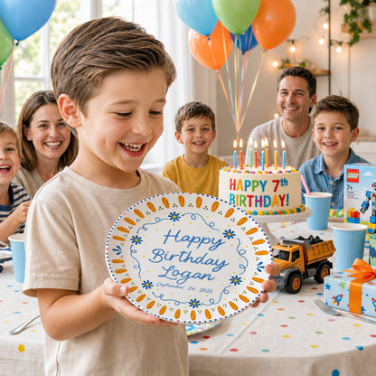 Orange Sunburst Border with Blue Flowers Personalized Birthday Plate P626HW0