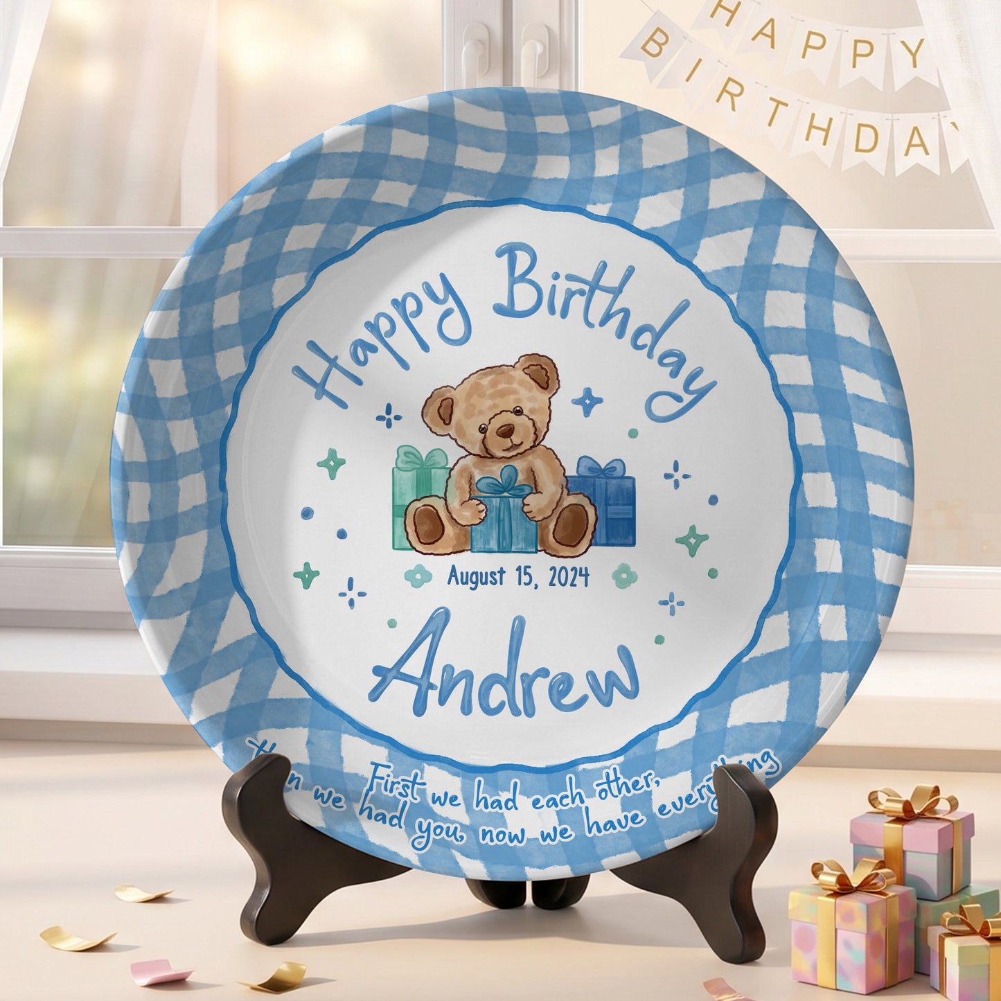 Blue Teddy Bear Birthday Keepsake Personalized Birthday Plate for Baby Boy P625FJ00