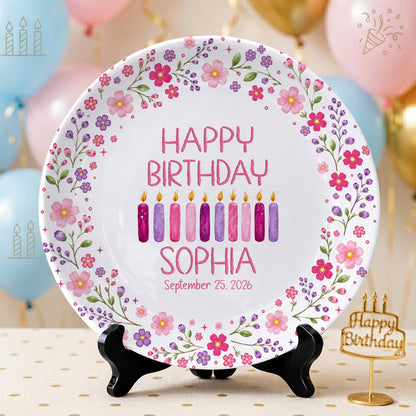 Floral Birthday Candles Personalized Birthday Plate for Girls D625JGX0