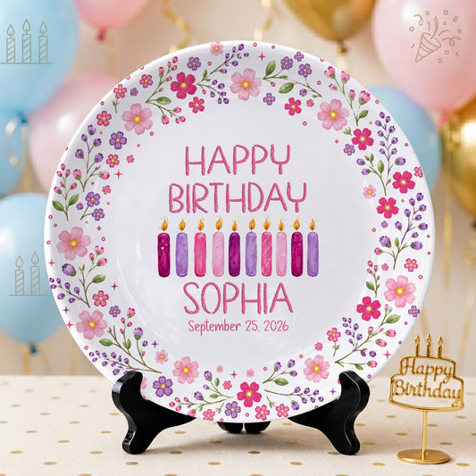 Floral Birthday Candles Personalized Birthday Plate for Girls D625JGX0