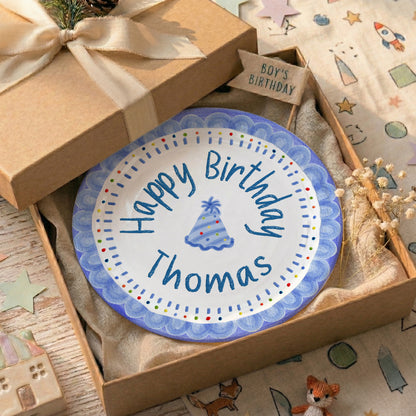 Blue Crayon Scallop Border with Party Hat Personalized Birthday Plate P511RLQ0