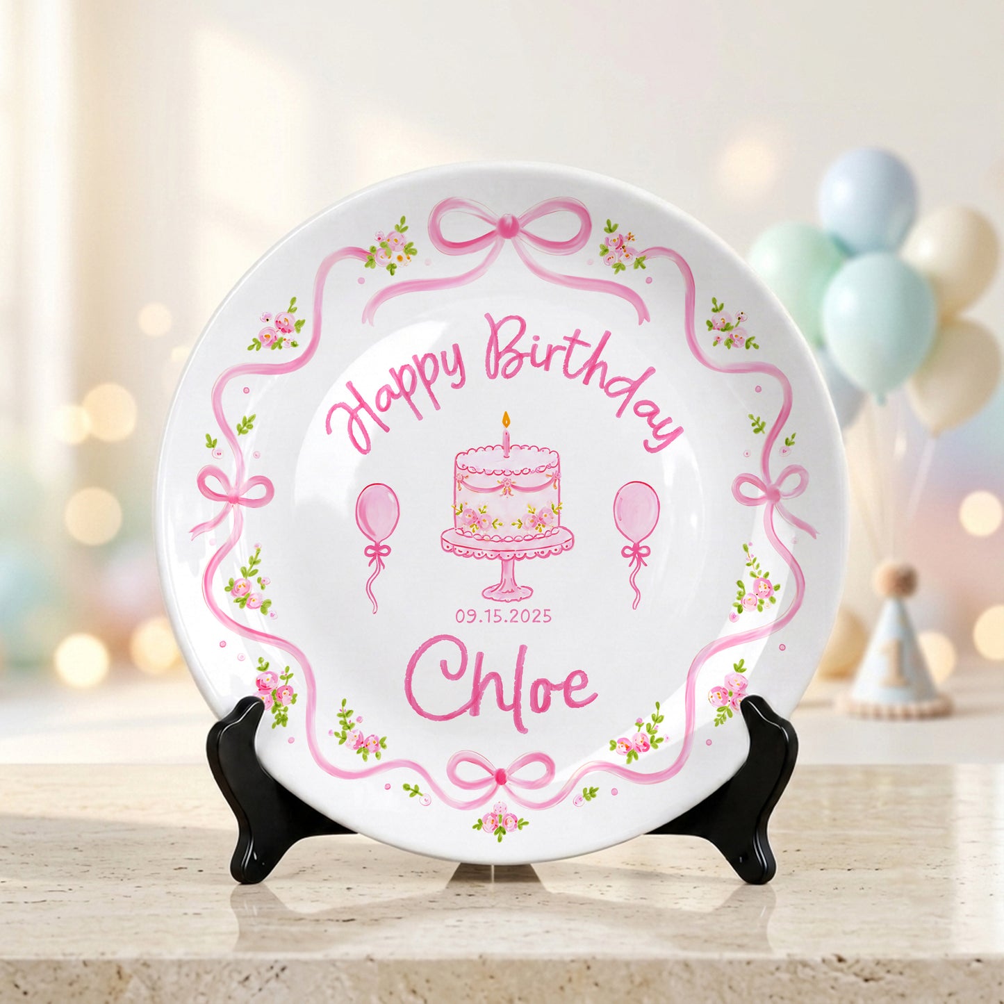 Pink Floral Bow Birthday Cake Custom Name Keepsake Personalized Birthday Plate Gift P813NCL0