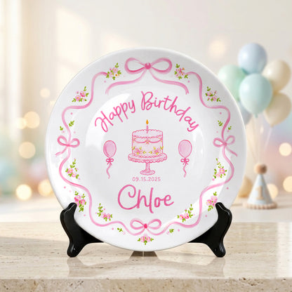 Pink Floral Bow Birthday Cake Custom Name Keepsake Personalized Birthday Plate Gift P813NCL0
