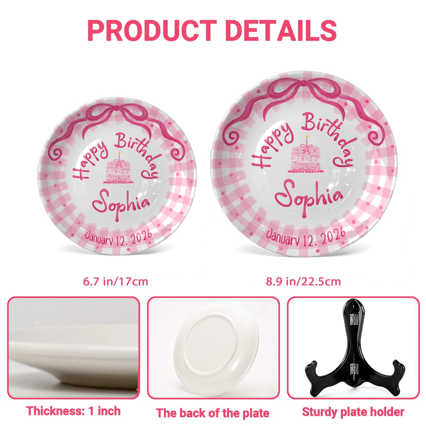 Pink Bow and Pink Gingham Birthday Cake Personalized Birthday Plate P5220BP0