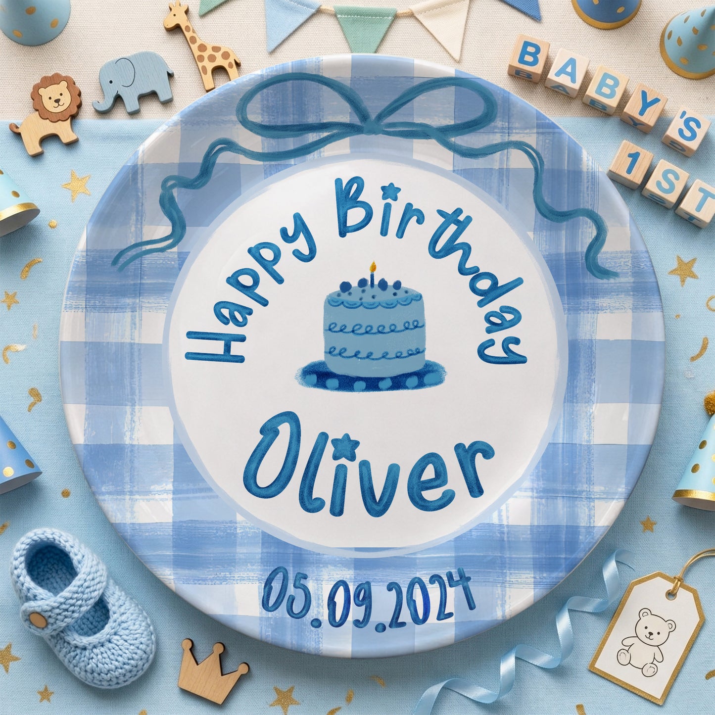 Blue Gingham Bow Personalized Birthday Plate P41V3P0