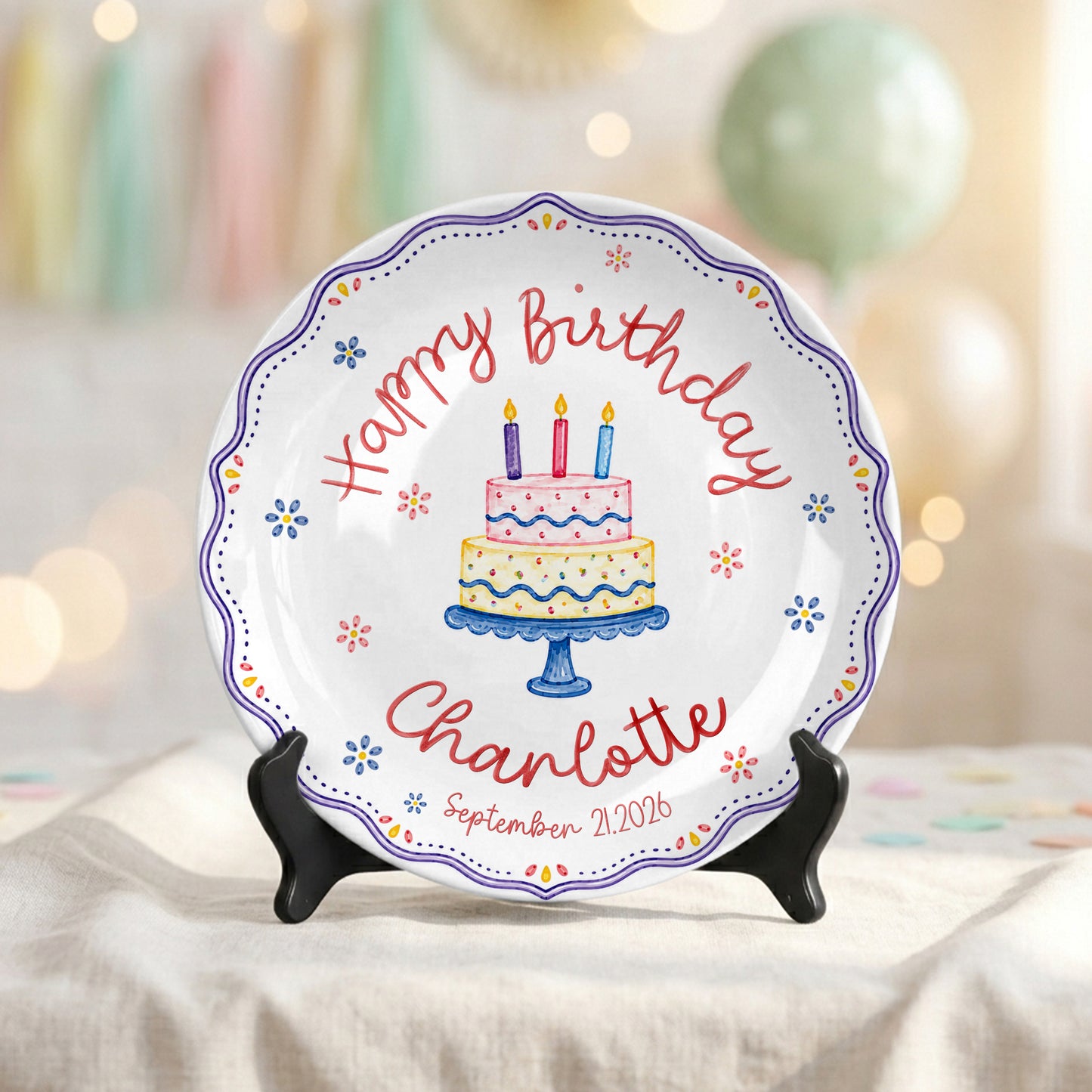 Colorful Cake Scalloped Personalized Birthday Plate for Girls First Gift P810G360