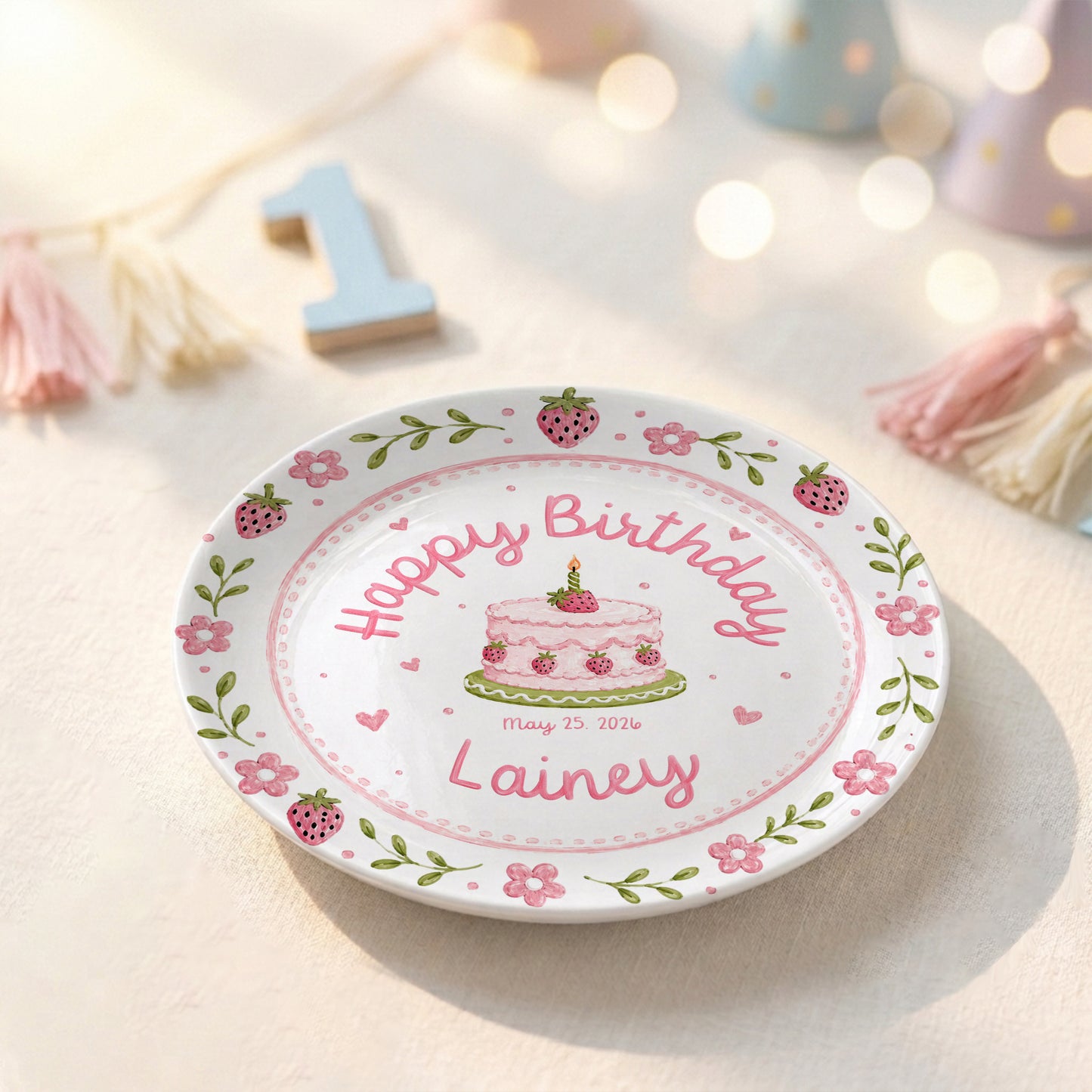 Strawberry Floral Cake Keepsake Ceramic Personalized Birthday Plate for Kids P83M4Y0